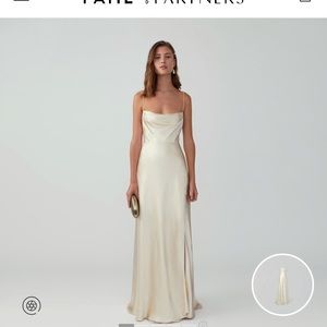 Size 4; Satin Champagne Strappy Draped Gown with adjustable straps; worn once